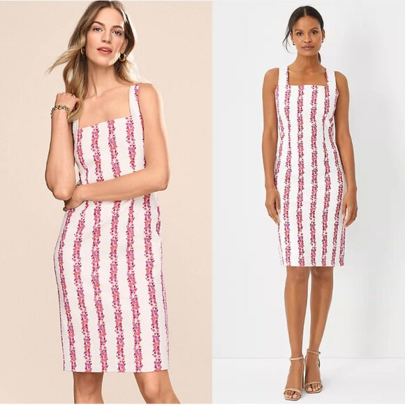 NWT ANN TAYLOR Floral Square Neck Sheath Dress Pink/White Size 12 - Picture 1 of 12